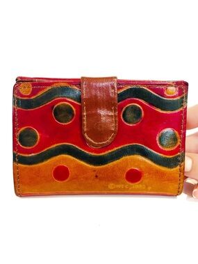 Vintage 1993 MTC India Hand Painted Leather Wallet Multicolour Coin Purse Red